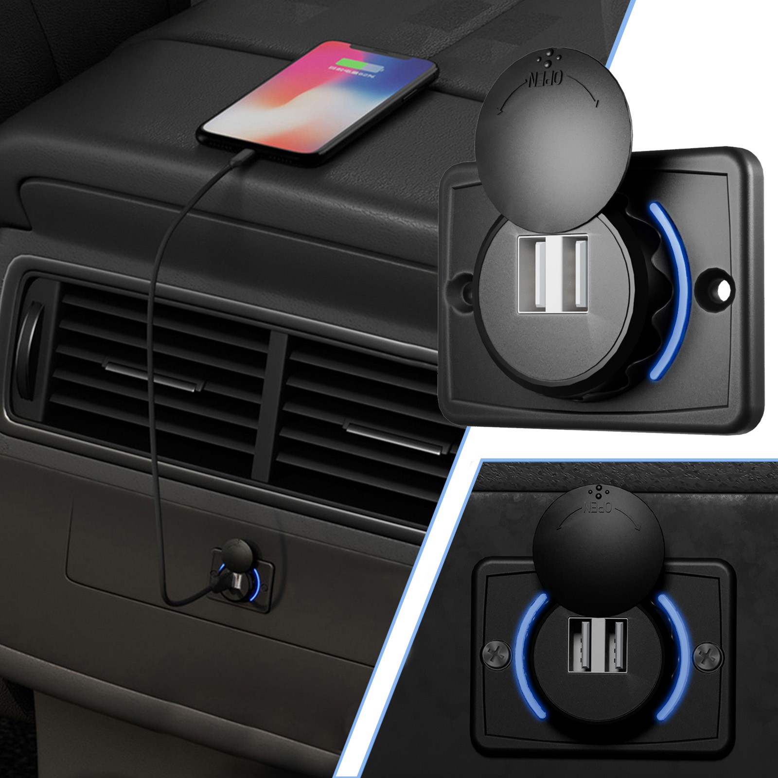 Quick Charge Socket 12V 24V Dual USB Charger 5V 2.1A Car Outlet with Waterproof Cover Rotating Cap LED Light Dual Charging Port for Cars Trucks Motorcycle RVs Campers